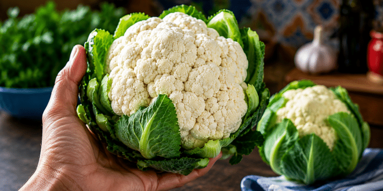 Mão segura couve-flor fresca com folhas verdes em bancada de cozinha