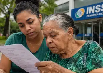 Jovem acompanhando idosa na leitura de documento sobre requisitos para receber o BPC