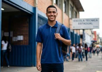Estudante de uniforme com mochila sorri em frente a uma Escola Técnica Estadual, representando o crescimento dos cursos técnicos no Brasil.