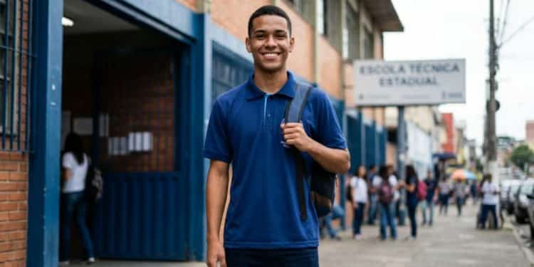 Estudante de uniforme com mochila sorri em frente a uma Escola Técnica Estadual, representando o crescimento dos cursos técnicos no Brasil.