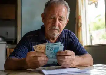 Idoso segurado do INSS segurando cédulas de dinheiro, representando o depósito de R$ 2.431,50 ou valor menor para esta terça-feira, 2 de junho.