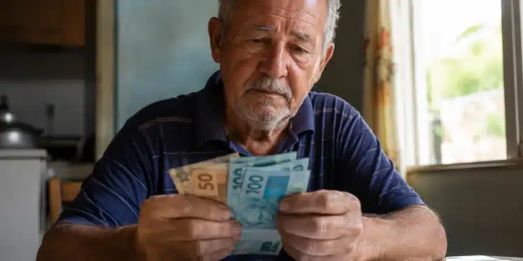 Idoso segurado do INSS segurando cédulas de dinheiro, representando o depósito de R$ 2.431,50 ou valor menor para esta terça-feira, 2 de junho.