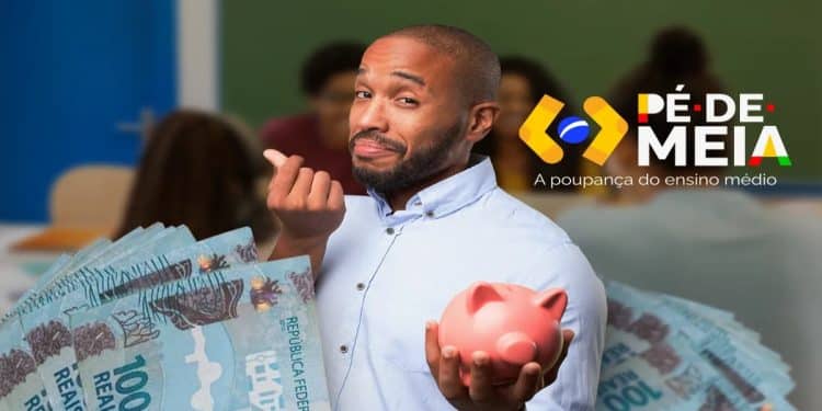 Homem segura um cofre em formato de porquinho e cédulas de R$ 100 ao lado do logo do Pé-de-Meia, em referência ao desbloqueio de R$ 1.000 para concluintes de 2025 entre 30 de junho e 3 de julho.