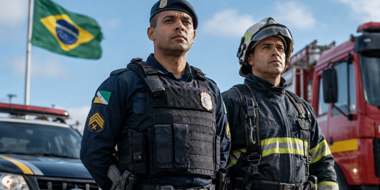 Policial militar e bombeiro militar brasileiros em formação de destaque em ambiente externo com viaturas e bandeira do Brasil ao fundo.