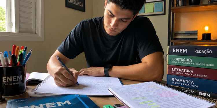 Jovem treinando redação do Enem em mesa de estudos com cadernos, livros e materiais de apoio.
