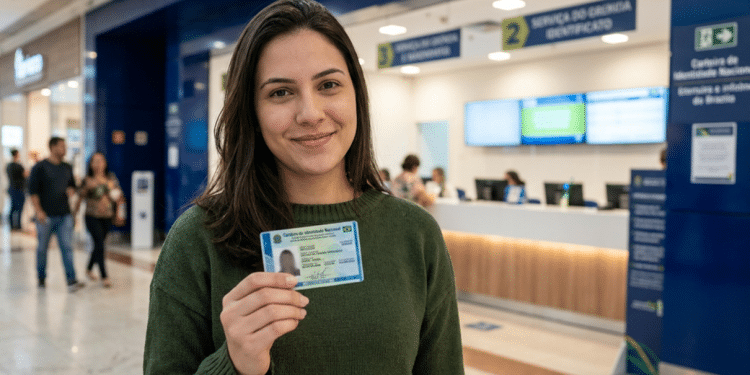 Mulher exibe a nova Carteira de Identidade Nacional representando a emissão do documento durante o mutirão do novo RG em Campo Grande.