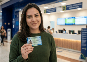 Mulher sorri exibindo a nova Carteira de Identidade Nacional em um centro de emissão de documentos