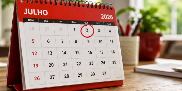 Imagem ilustrativa de um calendário de julho de 2026 com o dia 2, uma quinta-feira, destacado em vermelho, data do feriado estadual na Bahia.