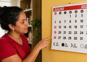 Mulher aponta para calendário de julho de 2026 destacando datas de feriados em cinco estados brasileiros
