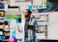Profissional de tecnologia e marketing digital em apresentação sobre tendências do mercado em ambiente com múltiplas telas.