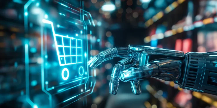 Mão robótica interage com ícone digital de carrinho de compras, simbolizando o uso da inteligência artificial no varejo.