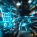 Mão robótica interage com ícone digital de carrinho de compras, simbolizando o uso da inteligência artificial no varejo.