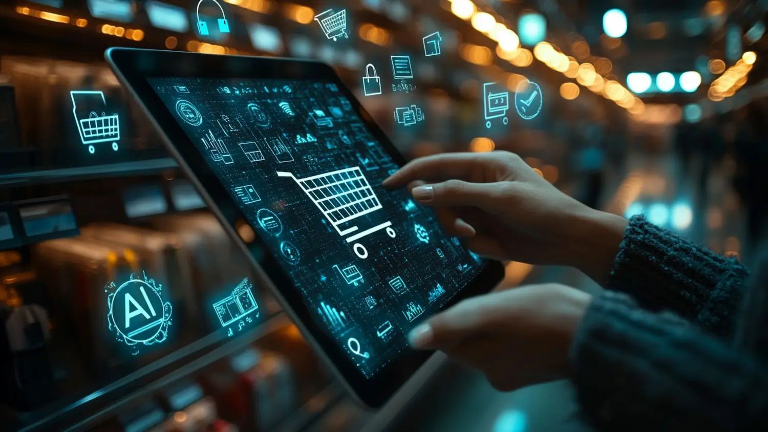 Pessoa usando tablet com ícones digitais de compras e inteligência artificial em ambiente de varejo.