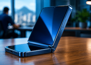 Smartphone dobrável azul aberto sobre mesa de madeira em ambiente corporativo