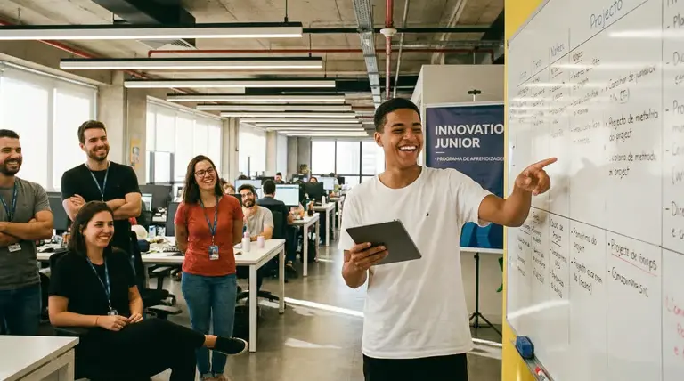 Jovem aprendiz apresenta informações em quadro durante atividade em empresa.