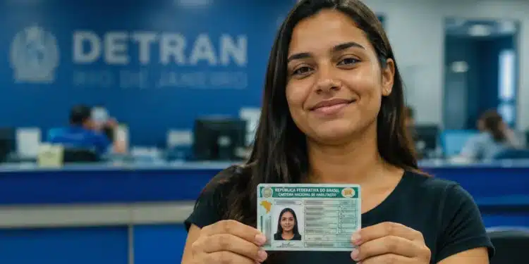 Jovem brasileira exibindo a carteira de habilitação no posto do Detran, representando o processo de matrícula na CNH Social em 2026.