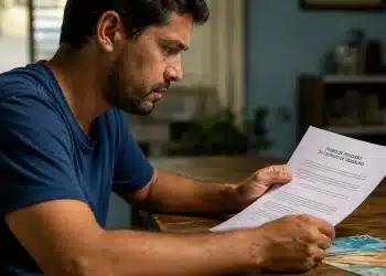 Homem analisando um termo de rescisão com notas de dinheiro sobre a mesa, representando a multa de 40% em caso de demissão sem justa causa.