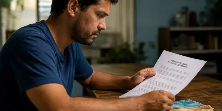 Homem analisando um termo de rescisão com notas de dinheiro sobre a mesa, representando a multa de 40% em caso de demissão sem justa causa.