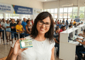 Mulher sorri exibindo a nova Carteira de Identidade em um mutirão de emissão de documentos, com fila ao fundo