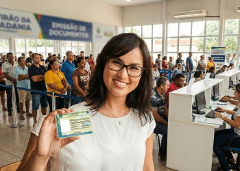 Mulher sorri exibindo a nova Carteira de Identidade em um mutirão de emissão de documentos, com fila ao fundo