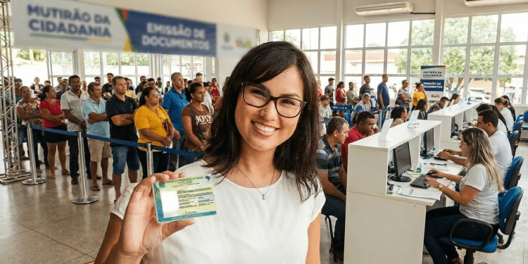 Mulher sorri exibindo a nova Carteira de Identidade em um mutirão de emissão de documentos, com fila ao fundo