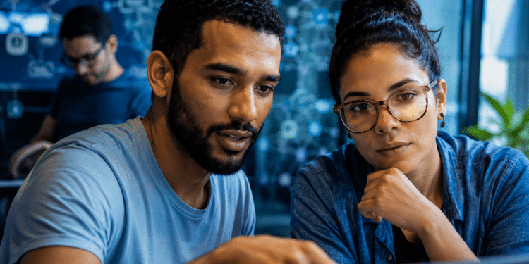 Homem e mulher analisam tela de computador em ambiente corporativo com gráficos ao fundo