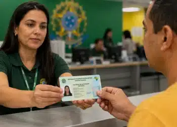Servidora pública entrega nova Carteira de Identidade Nacional durante atendimento em órgão oficial, sem a exigência do CPF para emissão.