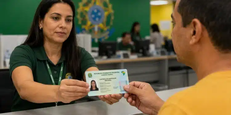 Servidora pública entrega nova Carteira de Identidade Nacional durante atendimento em órgão oficial, sem a exigência do CPF para emissão.