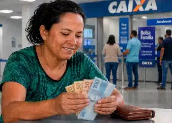 Mulher segurando cédulas em agência da Caixa, representando os pagamentos do Bolsa Família de junho de 2026, com liberação de até R$ 1.000.