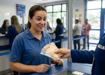 Mulher recebendo pagamento em agência bancária com expressão de surpresa, representando o pagamento do 13º salário antecipado para trabalhadores.