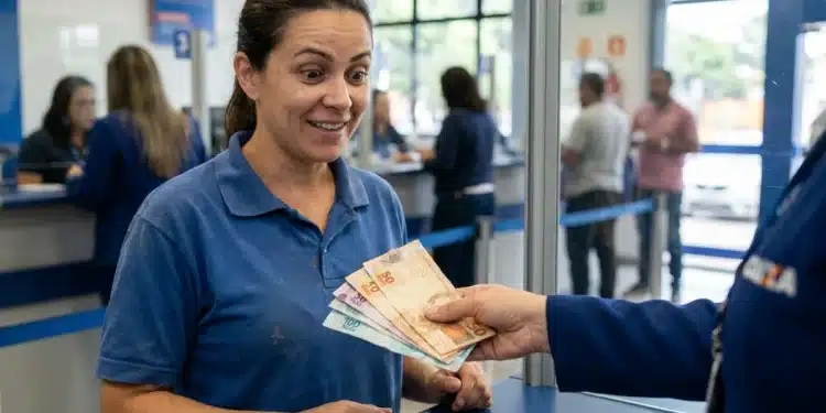 Mulher recebendo pagamento em agência bancária com expressão de surpresa, representando o pagamento do 13º salário antecipado para trabalhadores.