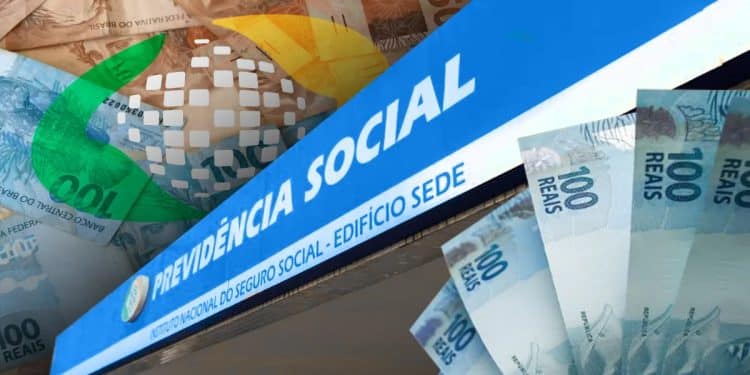 Fachada da Previdência Social e cédulas de 100 reais, representando a folha de pagamento do INSS de junho de 2026.