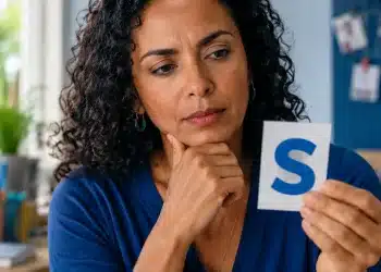 Mulher observando um cartão com a letra “S” enquanto reflete sobre uma regra de português, representando uma palavra em que o plural aparece no meio.