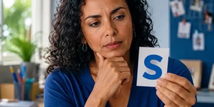 Mulher observando um cartão com a letra “S” enquanto reflete sobre uma regra de português, representando uma palavra em que o plural aparece no meio.