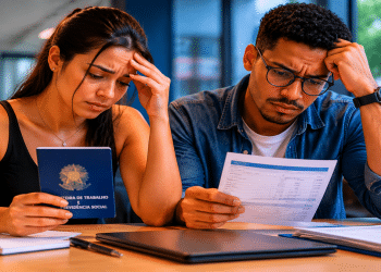 Duas pessoas preocupadas analisam carteira de trabalho e documentos