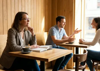 Pessoas conversando enquanto uma mulher observa em silêncio, representando escuta ativa e análise antes de responder.