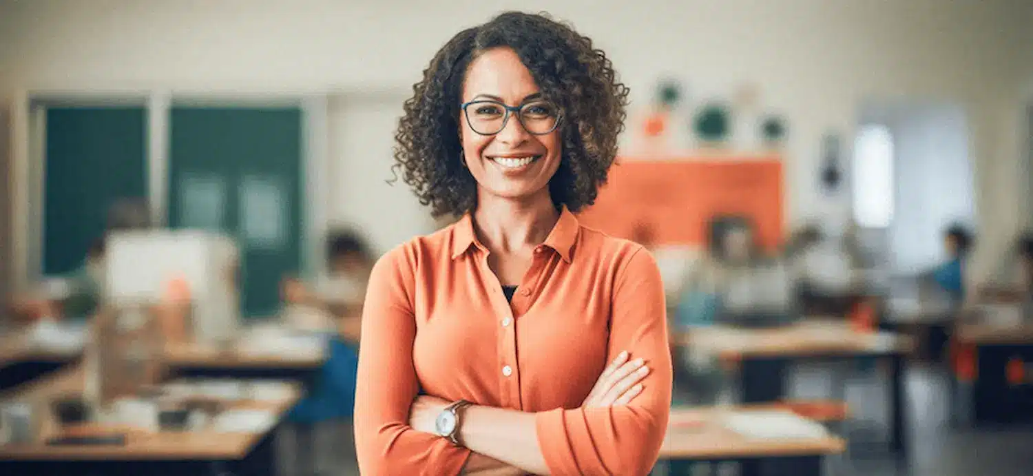 Professora sorrindo em sala de aula representando participantes da Prova Nacional Docente.