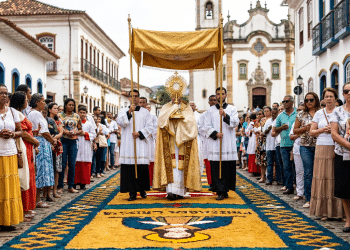 Procissão de Corpus Christi com sacerdote sob pálio dourado segurando o ostensório sobre tapete colorido em rua histórica