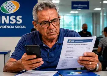 Idoso em agência do INSS analisando documento de extrato de pagamento enquanto verifica no celular informações sobre descontos indevidos e alerta de golpes