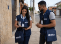 Dois profissionais fardados do IBGE realizam trabalho de campo em uma rua residencial, utilizando tablet e celular para coleta de informações.
