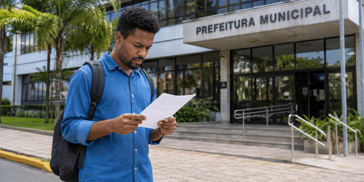 Homem lê documento em frente à Prefeitura Municipal durante processo seletivo para Agente Comunitário de Saúde.