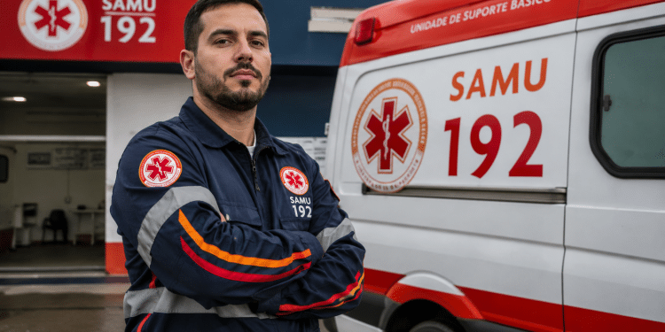 Profissional do SAMU uniformizado em frente a uma ambulância, representando vagas de nível médio e técnico no Espírito Santo.