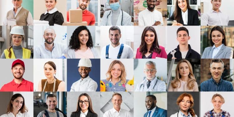 Mosaico com rostos de diversos profissionais de áreas como saúde, tecnologia, engenharia e direito, em referência às profissões com remuneração alta em 2026