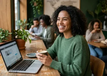 Mulher sorrindo trabalhando em laptop em café, simbolizando profissões flexíveis e renda extra.