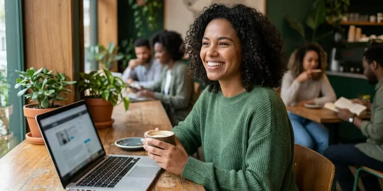Mulher sorrindo trabalhando em laptop em café, simbolizando profissões flexíveis e renda extra.