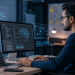 Profissional trabalha com inteligência artificial em computadores com telas de dados, códigos e redes neurais.