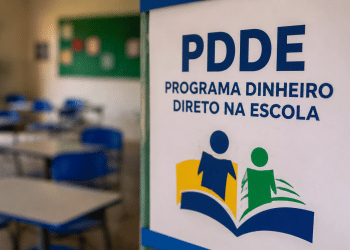 Cartaz do Programa Dinheiro Direto na Escola fixado em sala de aula que aguarda recursos do PDDE 2026