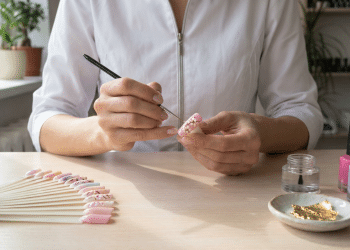 Profissional faz nail art com pincel em uma unha postiça, com esmaltes e mostruário sobre a bancada