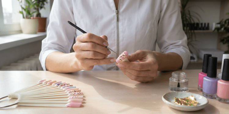 Profissional faz nail art com pincel em uma unha postiça, com esmaltes e mostruário sobre a bancada