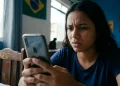Mulher preocupada olhando para o celular enquanto tenta recuperar o acesso a uma conta online.